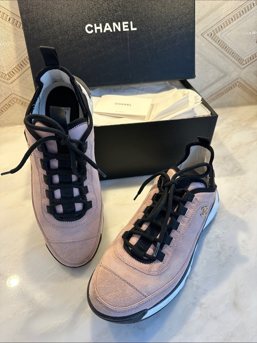 CHANEL Blush Pink Suede Low-Top Sneakers with Black Trim